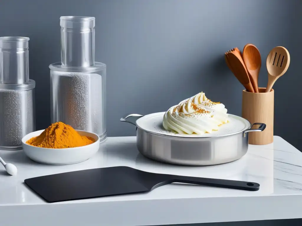 Un mostrador de mármol blanco impecable con utensilios de repostería de acero inoxidable para hacer mousse de chocolate saludable