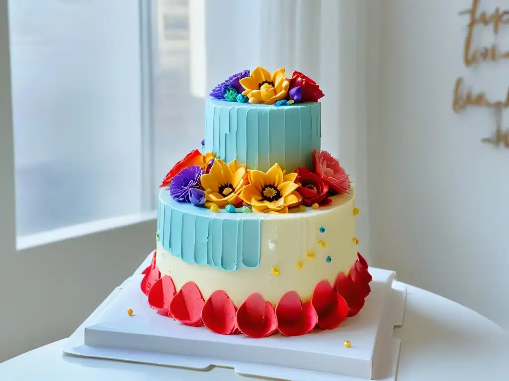 Un mostrador de cocina blanco con decoraciones de pasteles y coloridas mangas pasteleras