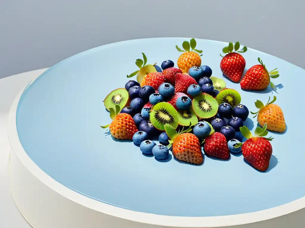 Un mostrador de cocina blanco con frutas vibrantes pintadas con pintura comestible en tonos pastel