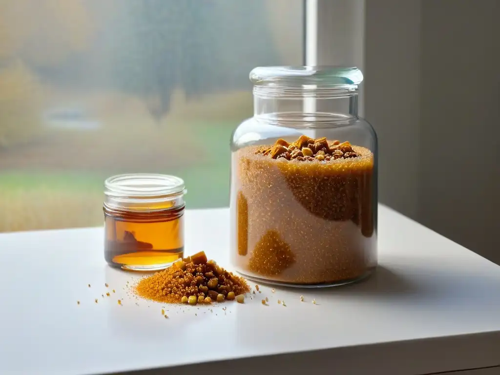 Un mostrador de cocina minimalista con cristales de azúcar de abedul dorado, destacando los beneficios del azúcar de abedul en la cocina saludable