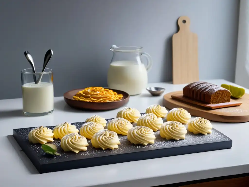 Un mostrador de cocina minimalista con equipamiento esencial para repostería vegana