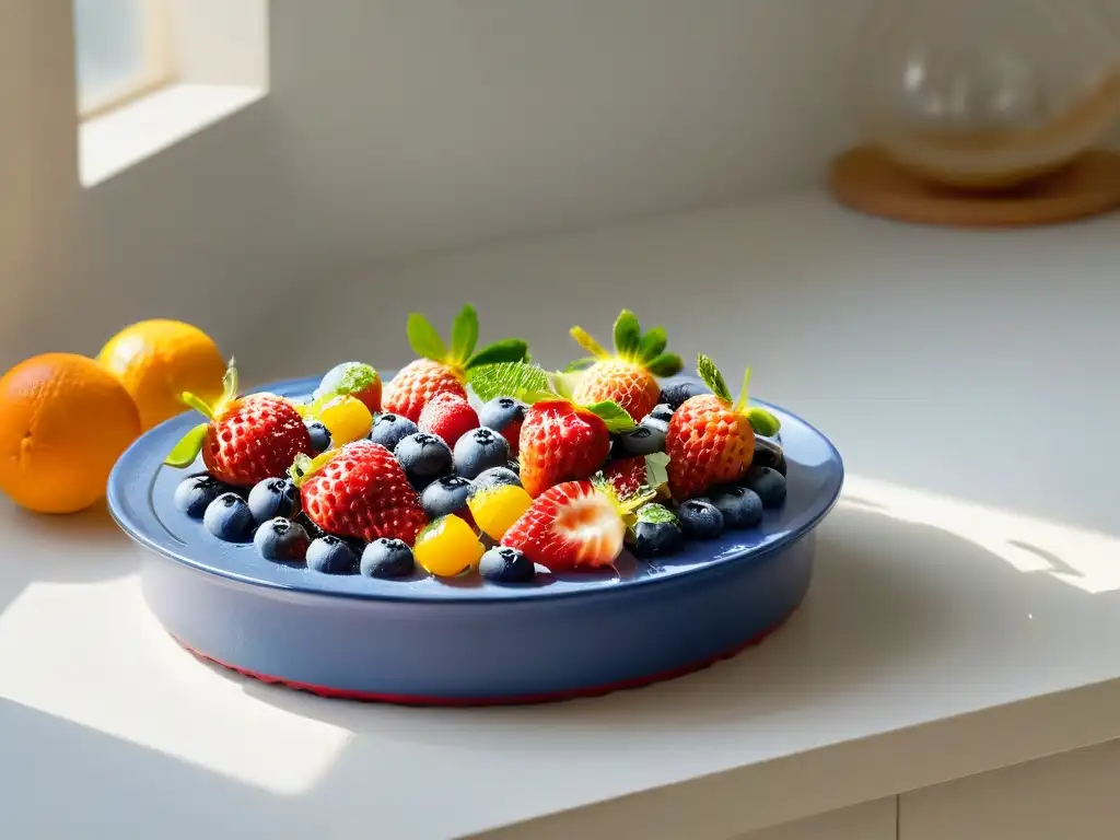 Encantadora cocina con frutas frescas y jugosas Un mostrador de cocina moderno con frutas frescas y brillantes, bañadas por la luz del sol