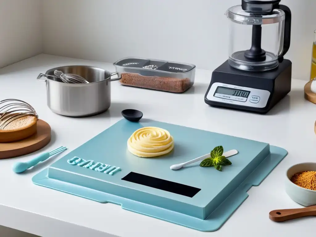 Un mostrador de cocina moderno con herramientas de repostería para diabéticos saludable en tonos pastel, organizadas y listas