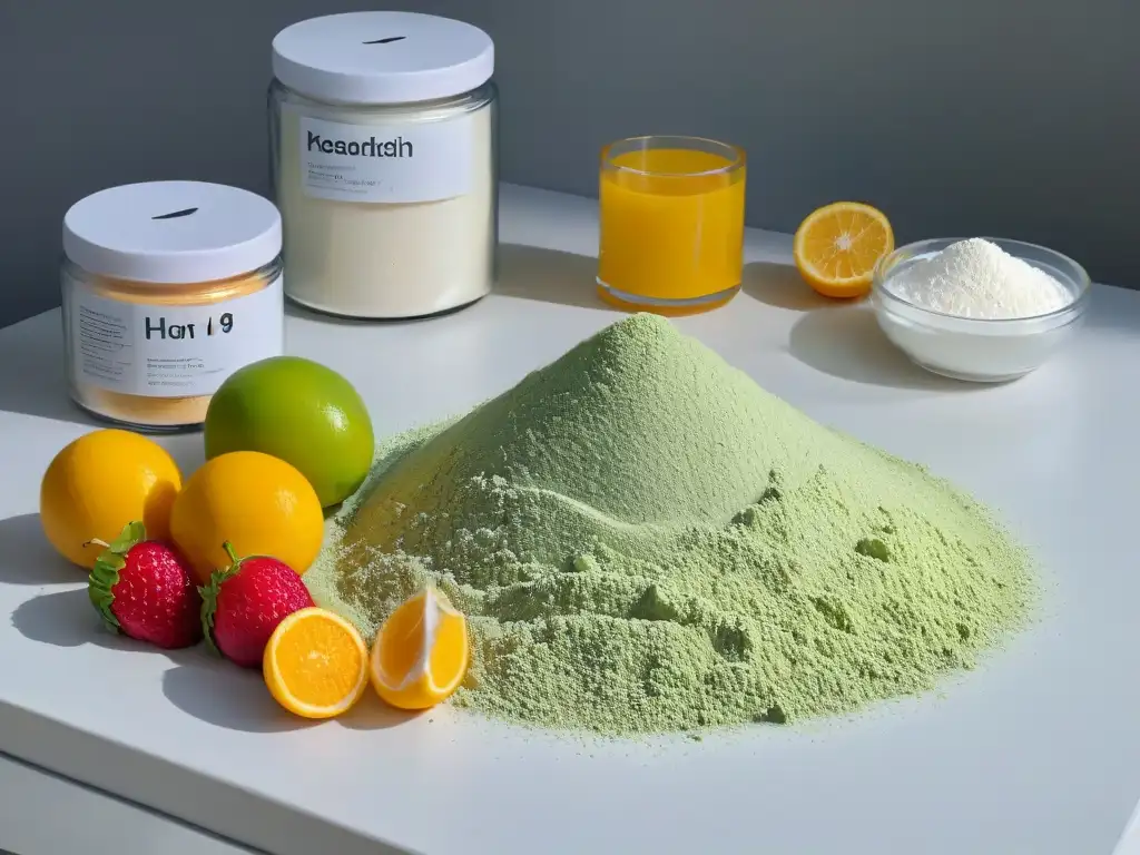 Un mostrador de cocina moderno con ingredientes de repostería coloridos y organizados, ideal para diseñar recetas de repostería