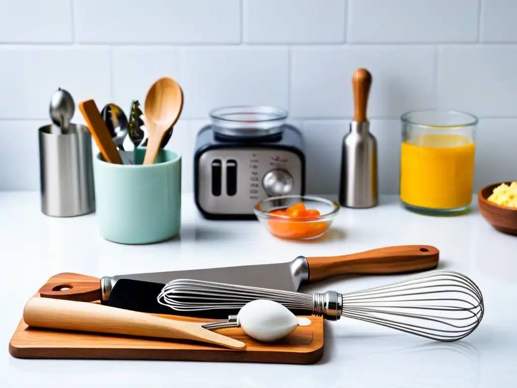 Utensilios para hornear: herramientas esenciales en una cocina moderna Un mostrador de cocina moderno con utensilios esenciales para la receta de flan saludable