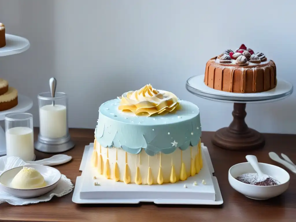 Un mostrador de cocina organizado con utensilios de repostería, incluyendo un pastel decorado