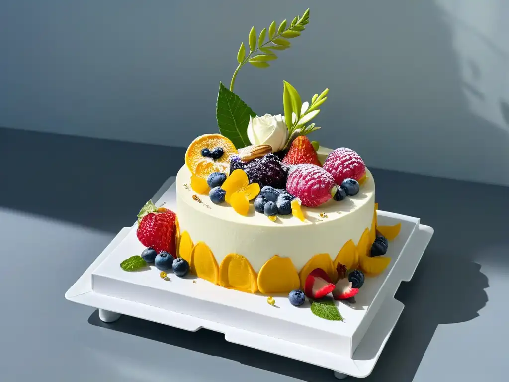 Una muestra vibrante de repostería sostenible y biodiversidad: pasteles y postres coloridos y detallados con flores y frutas, en un elegante soporte