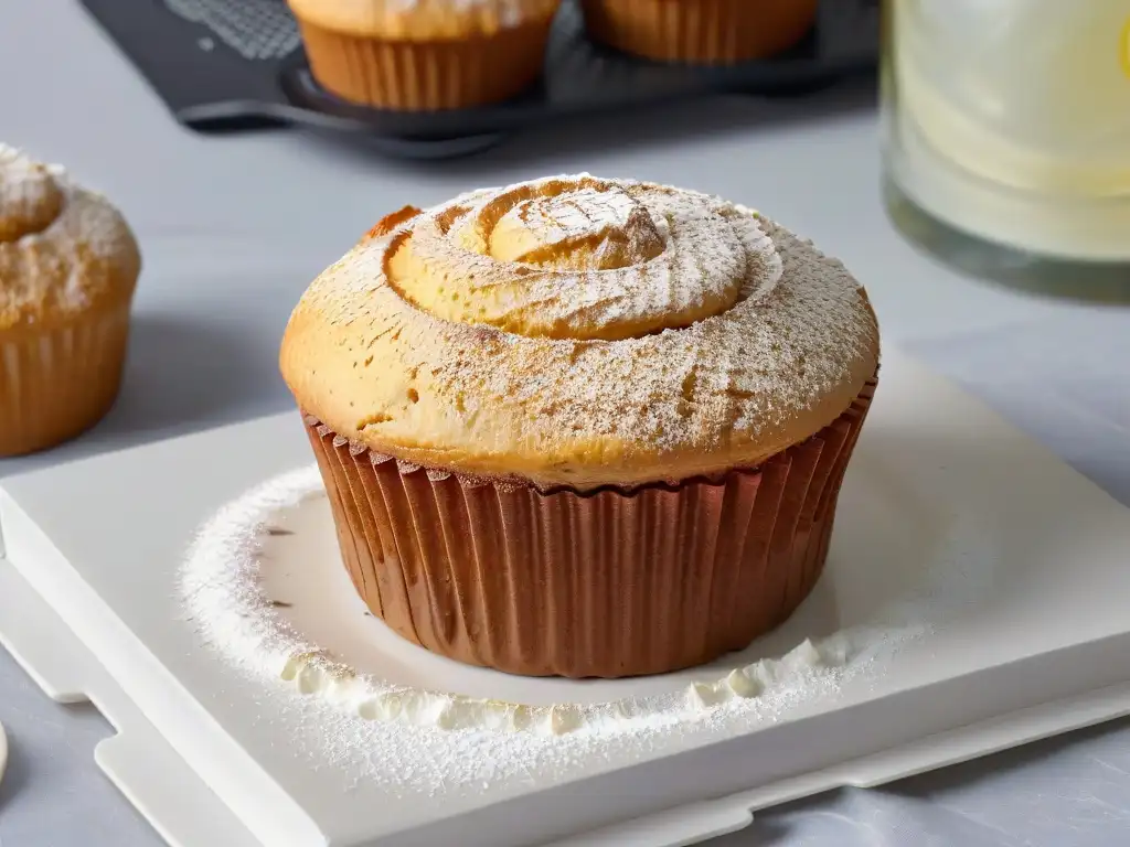 Deléitate con un muffin de cañihua dorado recién horneado, con azúcar en polvo