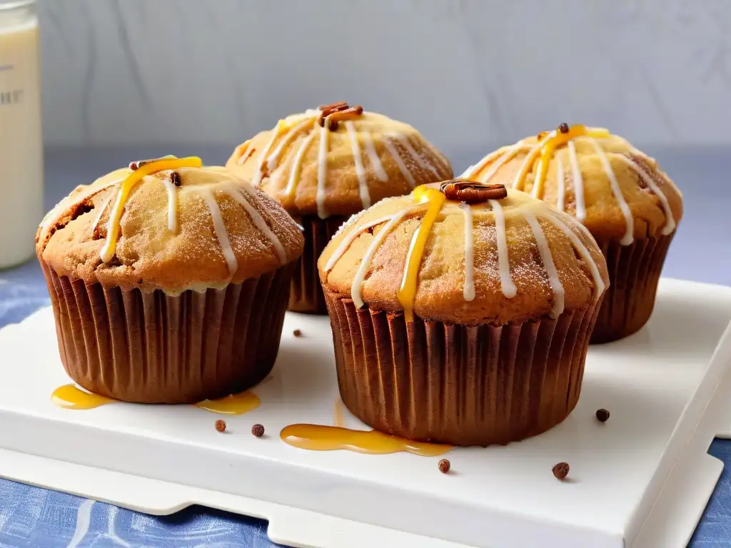 Un muffin dorado sin azúcar con canela y miel, sobre una encimera de mármol