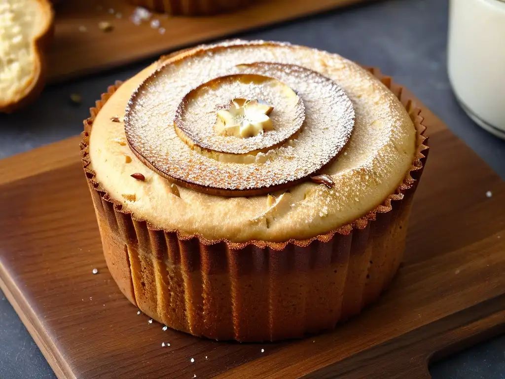 Muffin de harinas alternativas con sabores exquisitos, coronado con almendras y quinoa, sobre mesa rústica