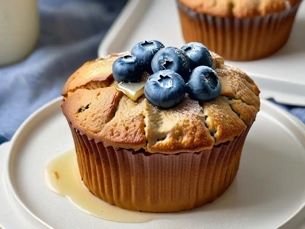 Un muffin de chía y arándanos recién horneado en un plato blanco, con miel y arándanos