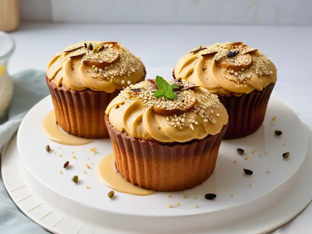 Un muffin de quinua y amaranto recién horneado con miel, semillas de quinua tostada y hojuelas de amaranto