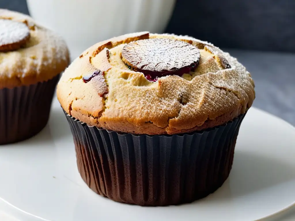 Un muffin de semillas de chía y harina de almendra recién horneado, decorado con frambuesa