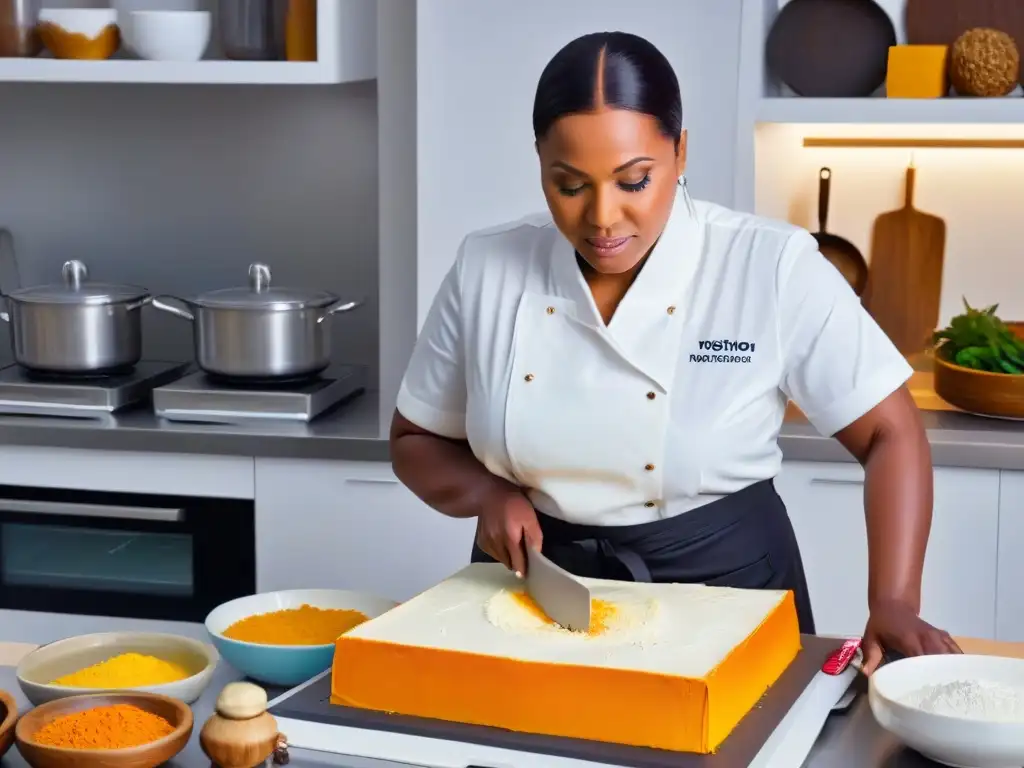 Una mujer africana prepara postres con técnicas únicas en una cocina minimalista, rodeada de ingredientes vibrantes y utensilios intrincados