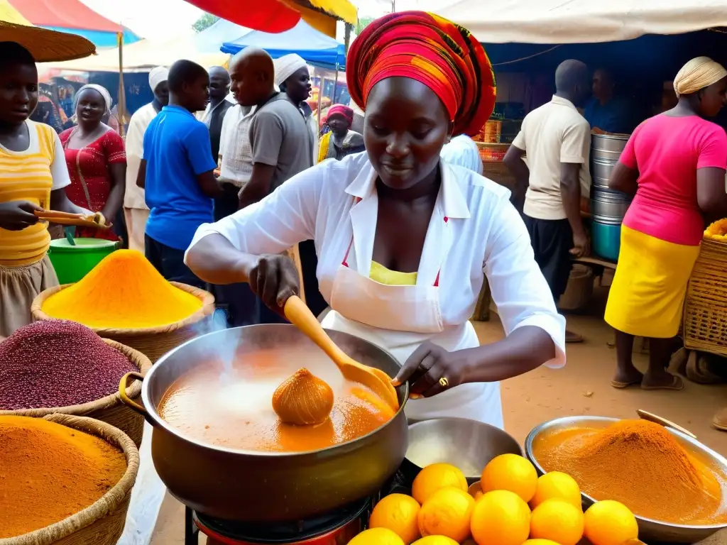 Una mujer senegalesa removiendo con gracia una olla de Thieboudienne dulce, rodeada de productos vibrantes y utensilios tradicionales de cocina, capturando la esencia de la tradición culinaria senegalesa de forma visualmente cautivadora