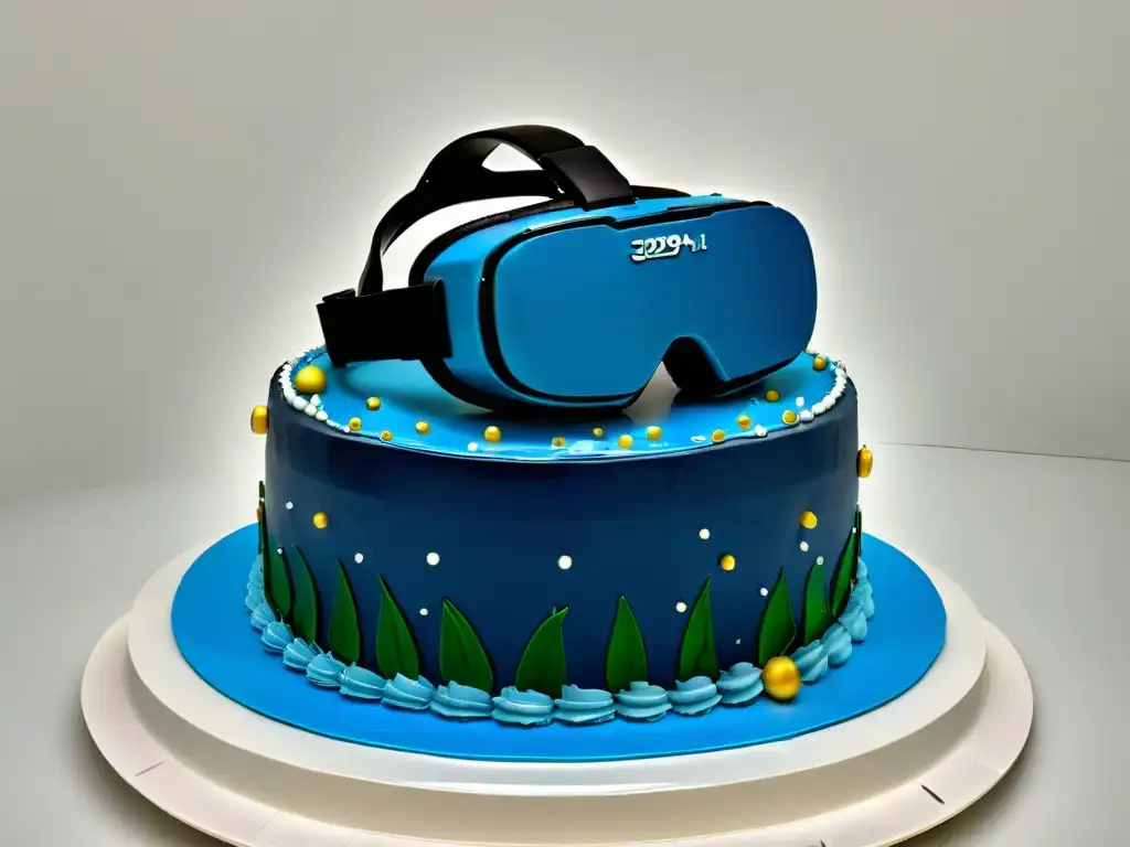 Realidad virtual en la repostería: fusión tecnológica y tradición culinaria Un mundo dulce de realidad virtual competencias repostería: un casco VR sobre un pastel exquisitamente decorado