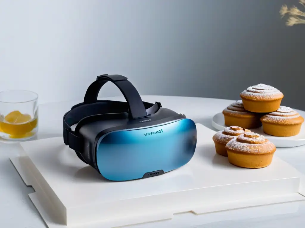 Un mundo de pastelería en Realidad Virtual: headset moderno y repostería elegante en un ambiente sofisticado