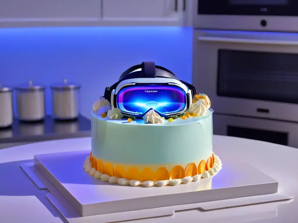 Un mundo de postres holográficos en Realidad Aumentada en repostería, en una cocina moderna y elegante