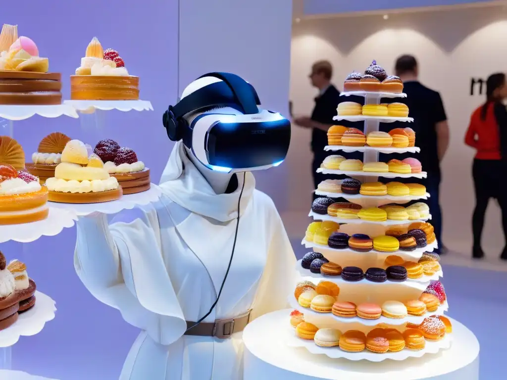 Realidad virtual gourmet: un festín visual futurista Un mundo de sabores se fusiona con tecnología en una imagen minimalista de realidad virtual competencias repostería