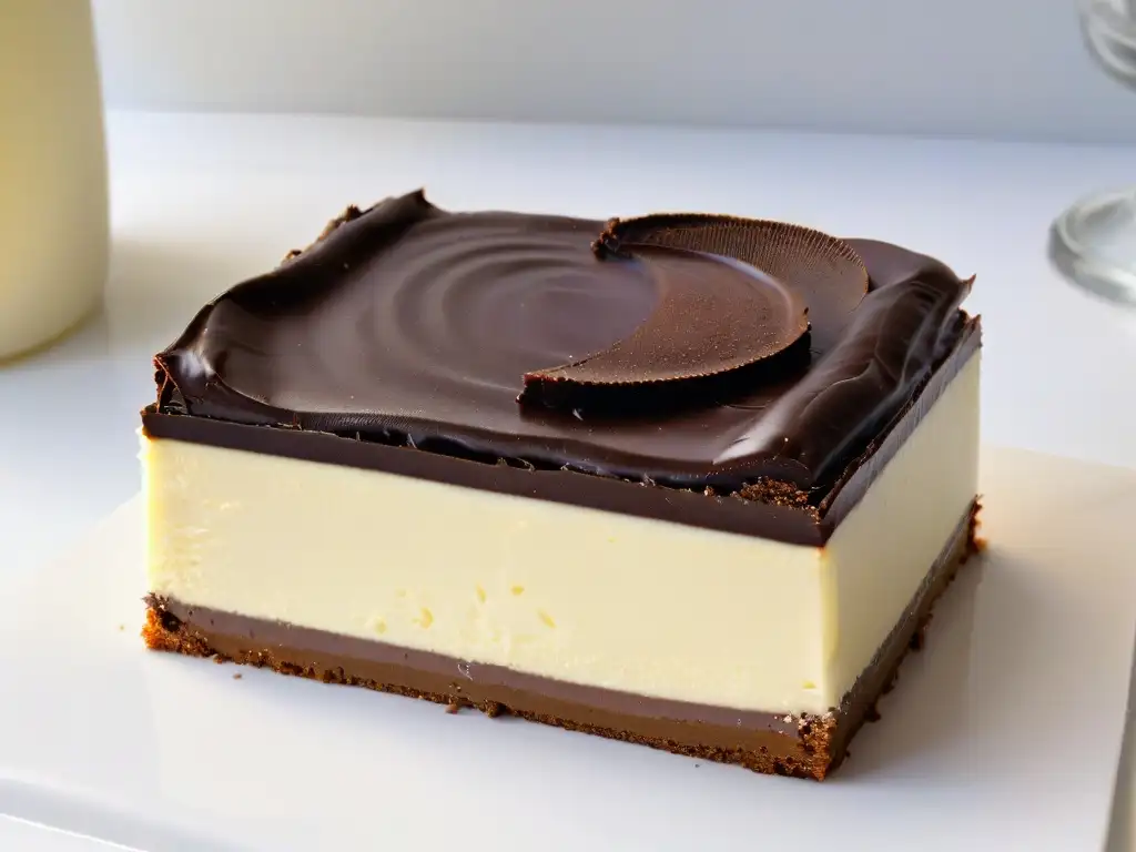 Un Nanaimo bar perfectamente decorado en un plato blanco moderno