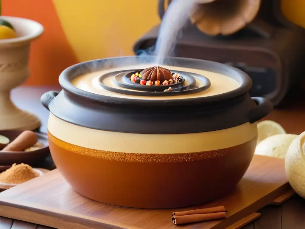 Una natilla colombiana caliente en olla de barro, con canela en flor