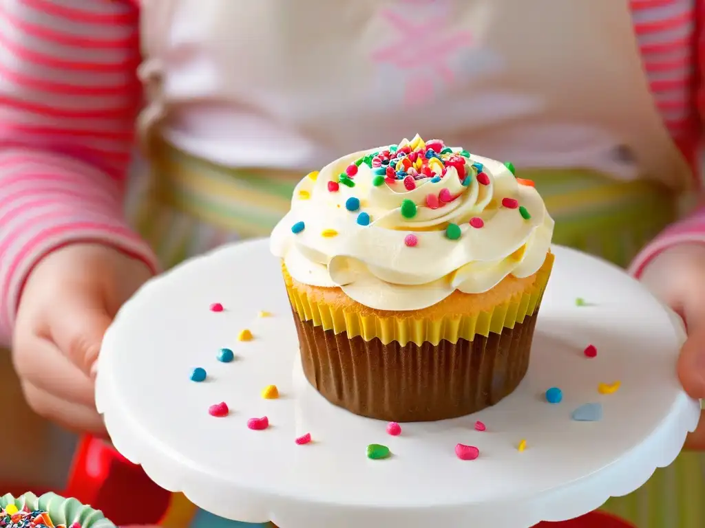 Niñas manos decorando un cupcake con creatividad y precisión, mostrando los beneficios creativos de la repostería