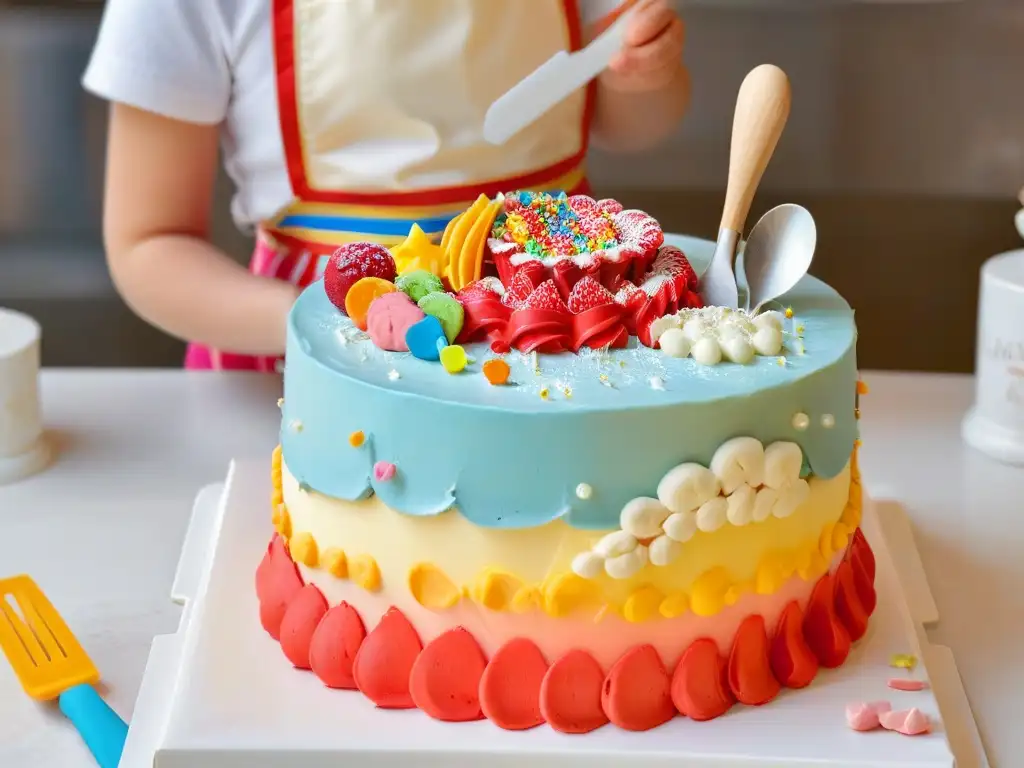 Un niño decora con alegría una tarta colorida con animales de fondant