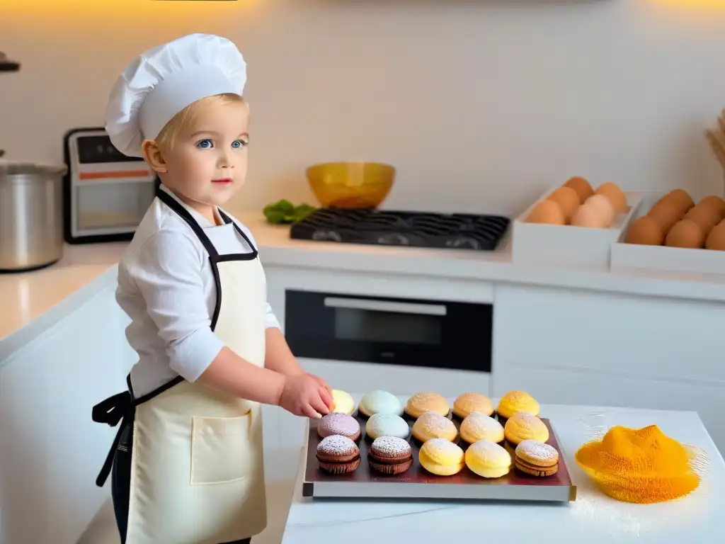 Un niño de 6 años cocinando en una cocina moderna, rodeado de ingredientes y postres