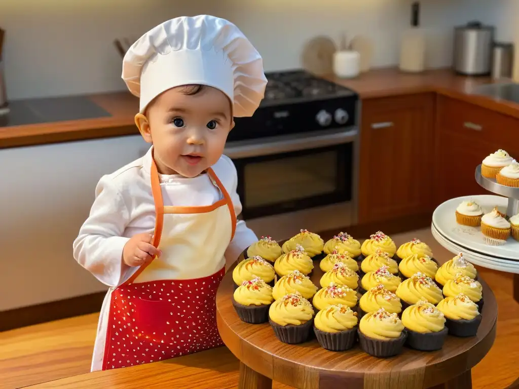 Niño chef decorando cupcakes con concentración y alegría Un niño de 4 años con delantal y gorro de chef, decorando mini cupcakes con alegría en una cocina soleada y organizada