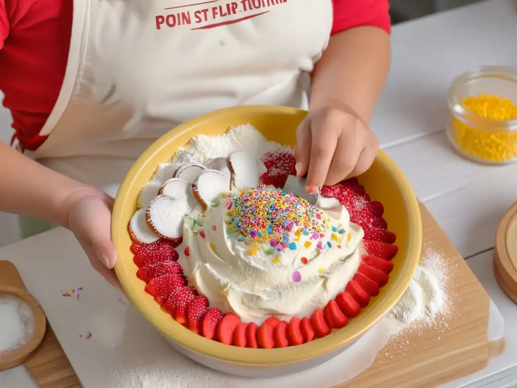 Un niño concentrado mide harina en un bol, rodeado de libros de repostería y utensilios de cocina coloridos