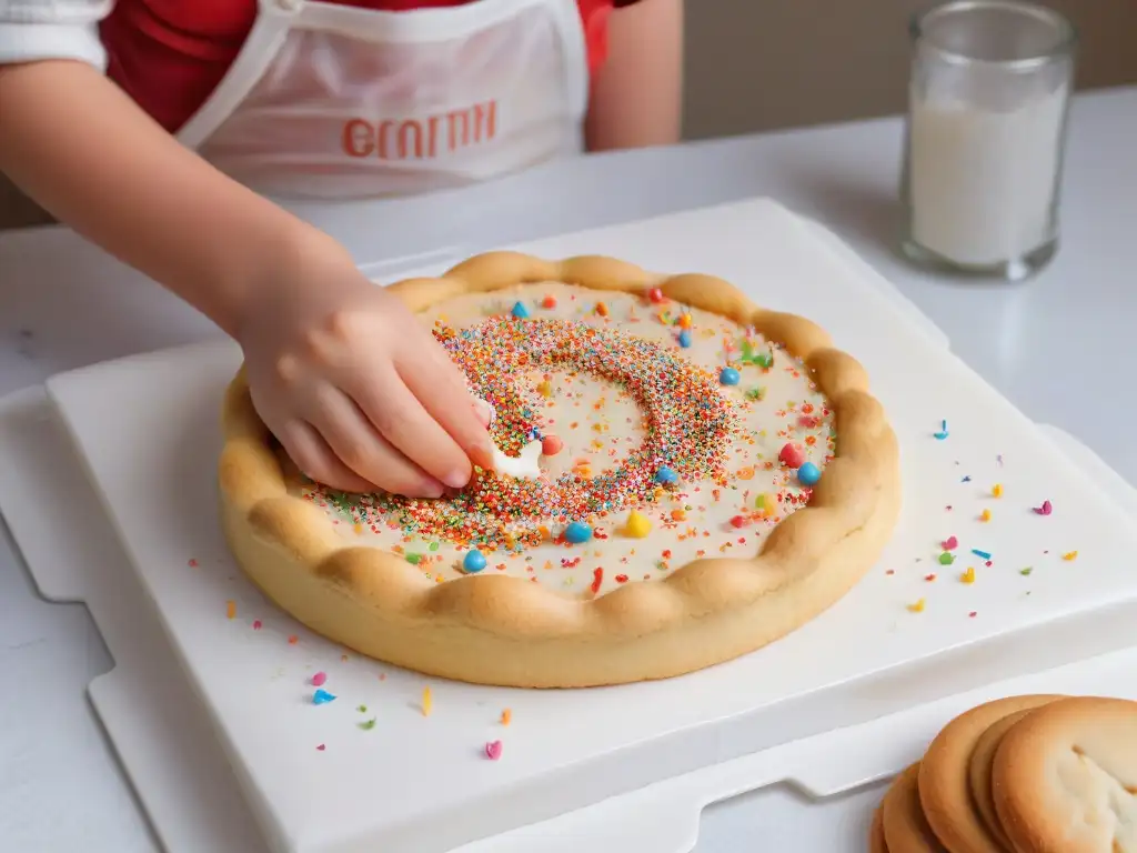 Un niño decora con cuidado galletas recién horneadas con divertidas y coloridas sprinkles