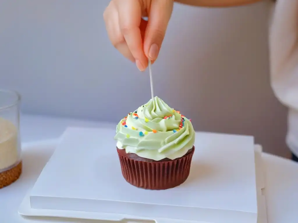 Un niño decora con precisión y creatividad un cupcake colorido con chispas y glaseado, representando recetas de repostería infantil divertidas