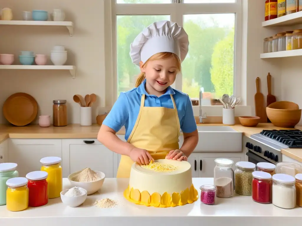 Un niño feliz amasa masa en una cocina pastel llena de utensilios de repostería