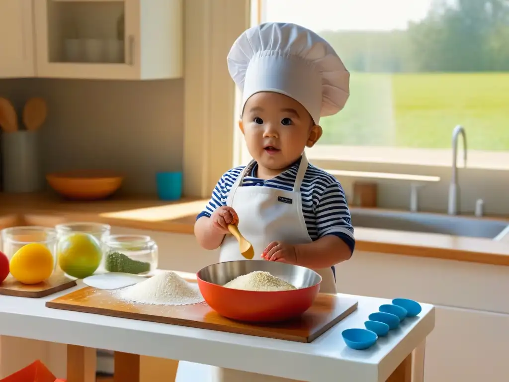 Un niño feliz en la cocina, mezclando ingredientes con entusiasmo