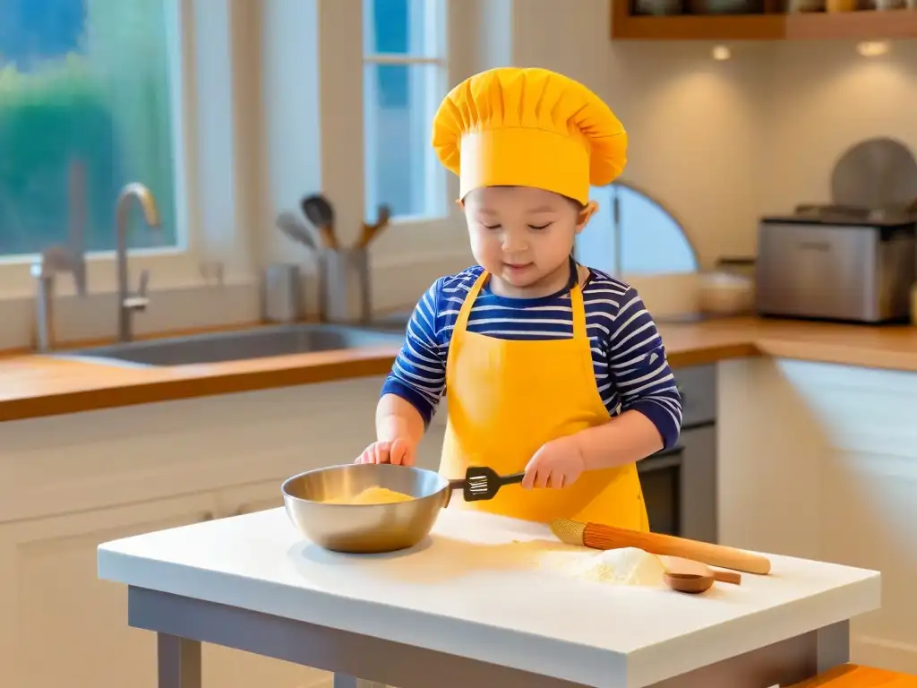 Un niño feliz y concentrado en la cocina, midiendo ingredientes para hornear