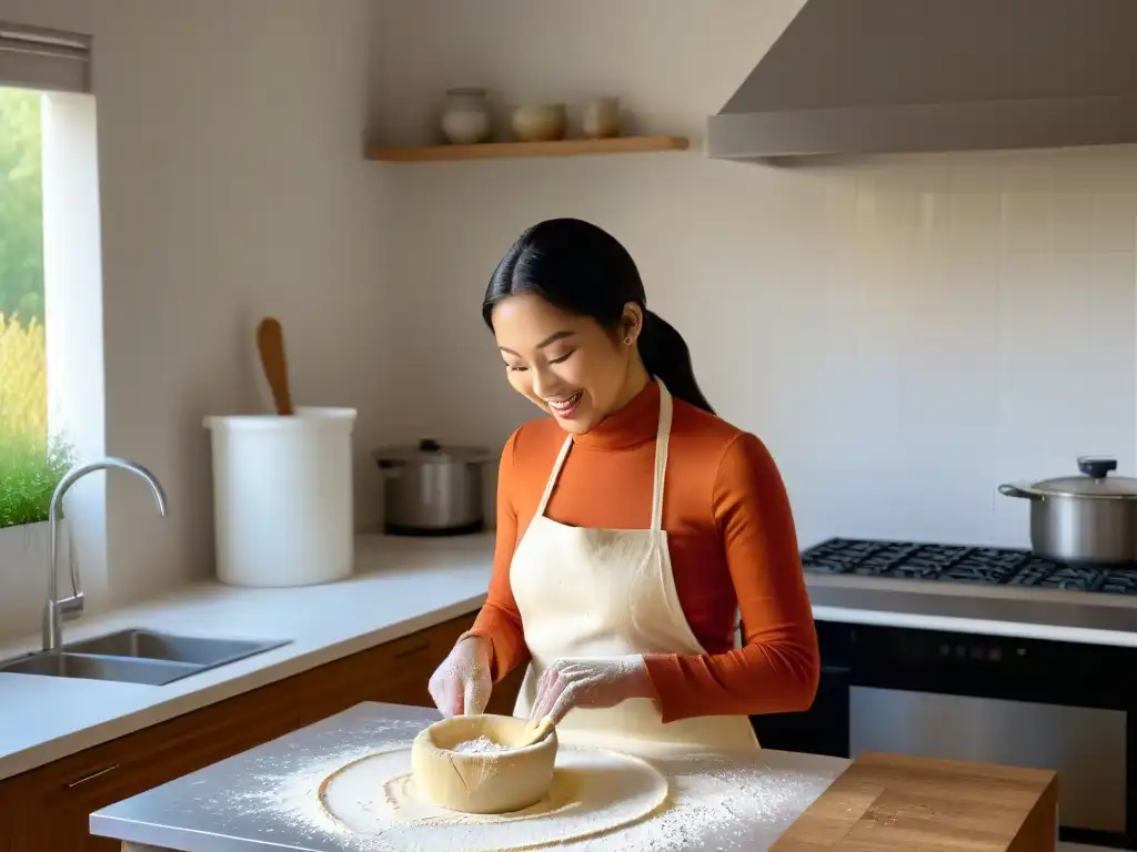 Un niño feliz amasando masa con harina en un taller de repostería para niños, bajo la luz cálida de una cocina