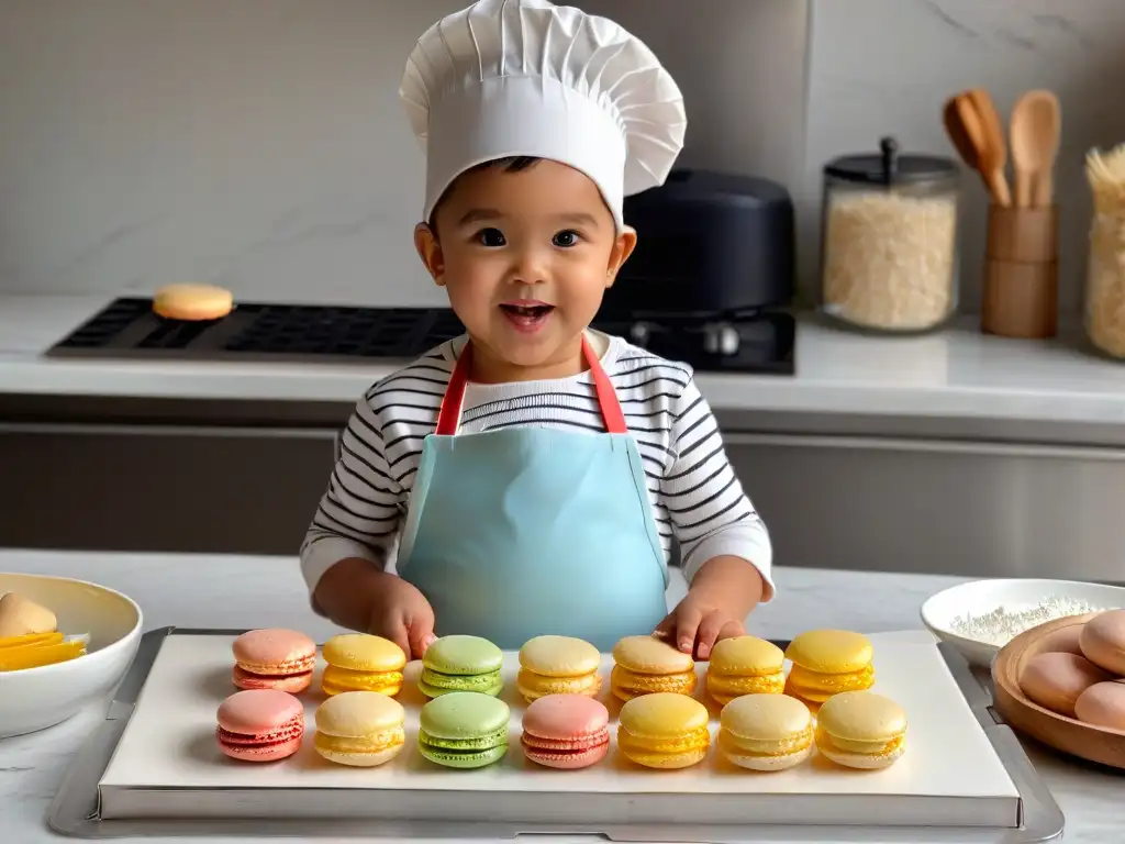 Un niño con gorro y delantal de chef decora macarons rodeado de utensilios y ingredientes, transmitiendo destreza y concentración