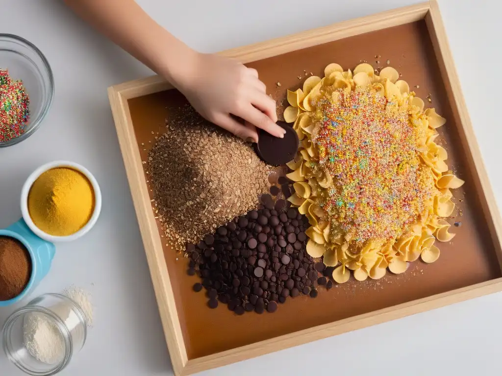 Un niño tocando ingredientes de repostería coloridos en una escena alegre y creativa