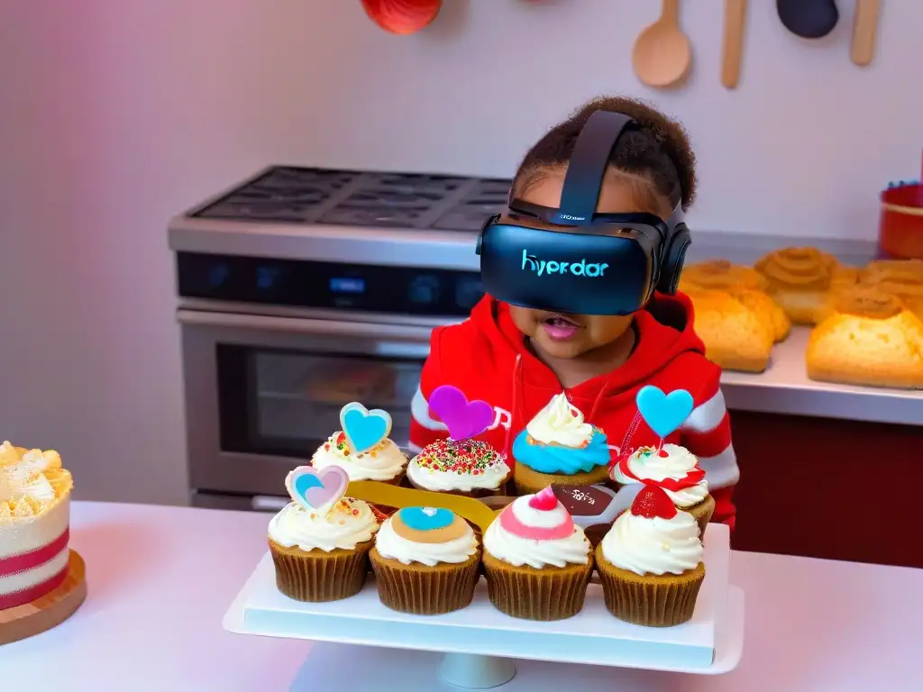 Un niño maravillado con auriculares de Realidad Aumentada, rodeado de imágenes de repostería coloridas y herramientas de cocina flotantes