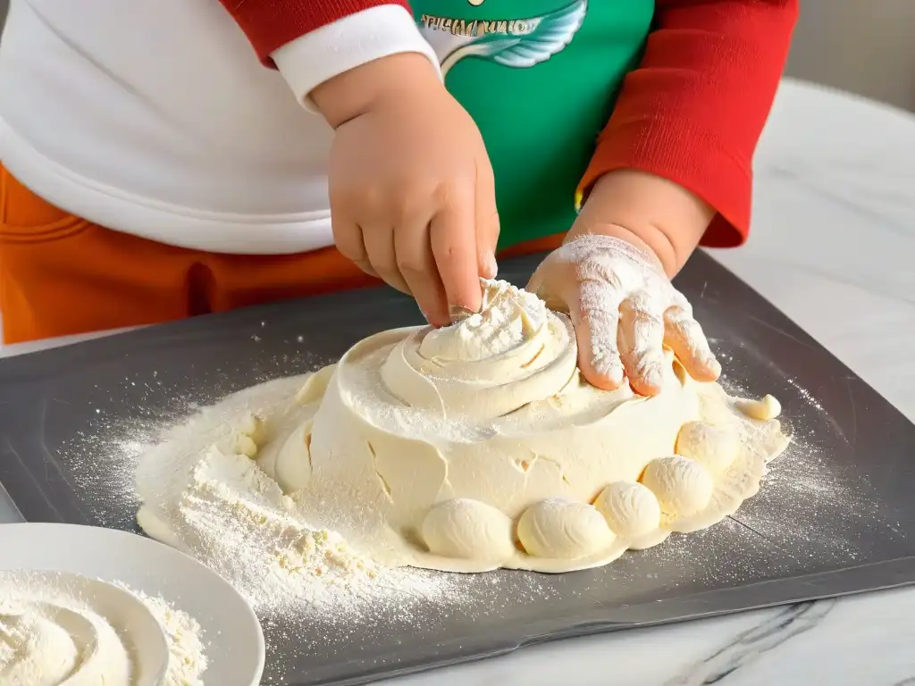 Un niño amasando masa sin gluten con alegría en la encimera de mármol