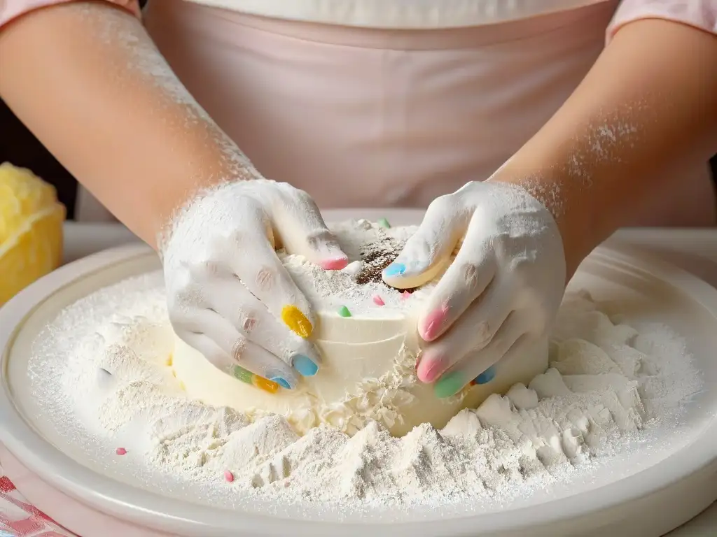 Manos de niño amasando masa con harina y decoraciones Un niño amasa masa con las manos cubiertas de harina en una encimera de mármol, con cortadores de galletas y sprinkles de colores al fondo