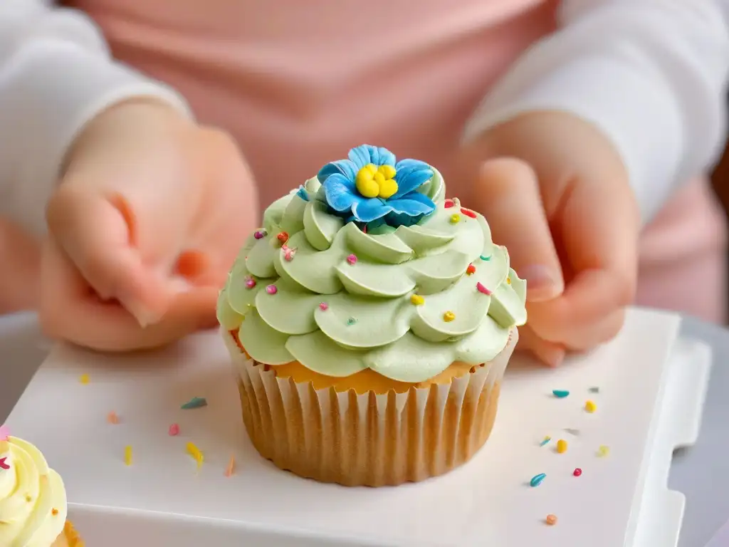Pequeñas manos creando magia: decorando cupcakes con alegría Un niño crea un mini postre con manos pequeñas seguras, esparciendo coloridos confites sobre una mini cupcake perfectamente decorada