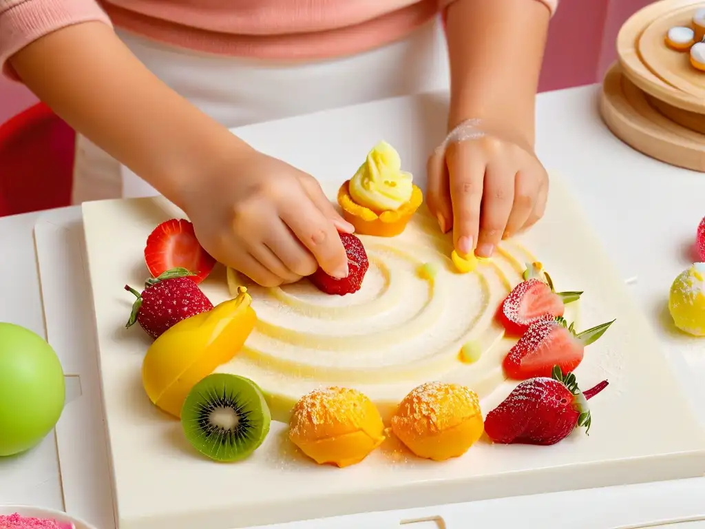 Creación de postres: manos de niño moldeando colorido mazapán Niño creando mini postres con manos pequeñas seguras en mármol blanco, evocando creatividad y alegría en la cocina