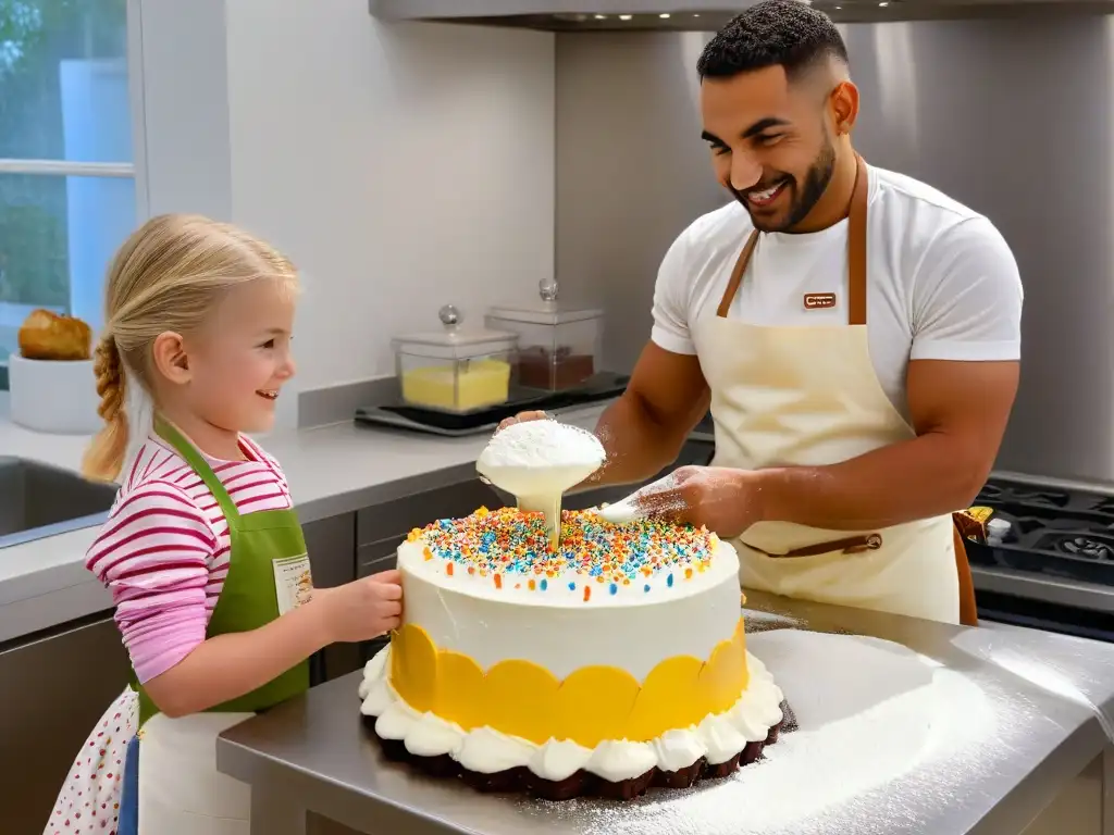 Un niño decorando un pastel con un panadero