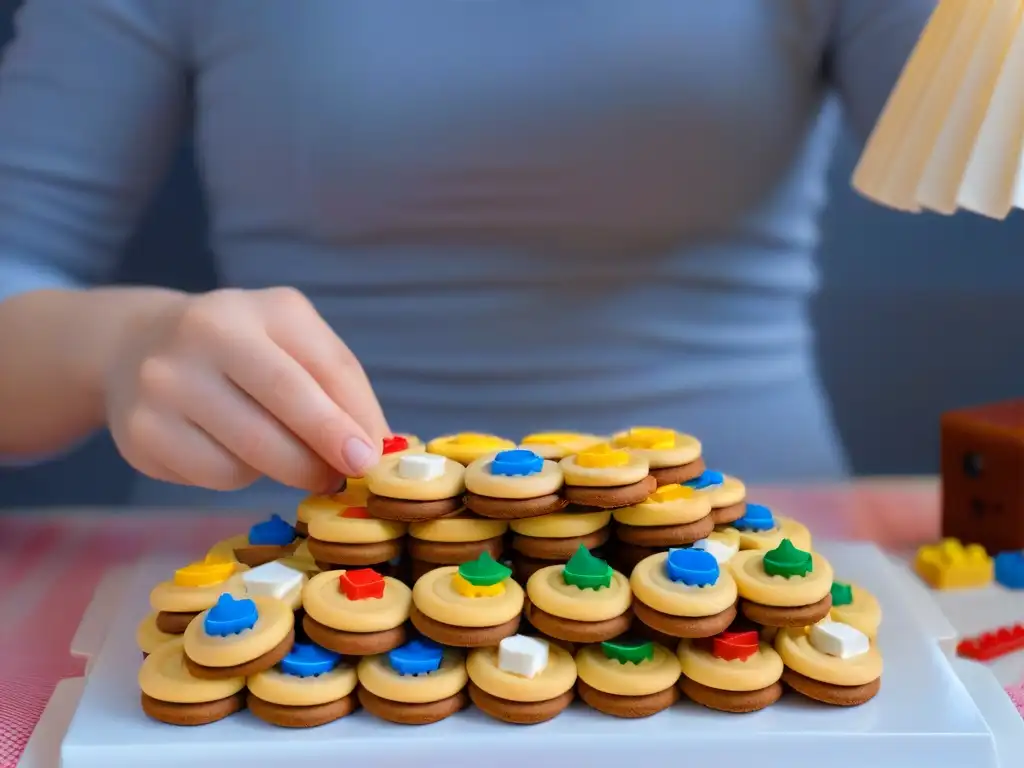 Un niño sonriente apila galletas de Lego divertidas para crear una torre comestible, mostrando creatividad y diversión