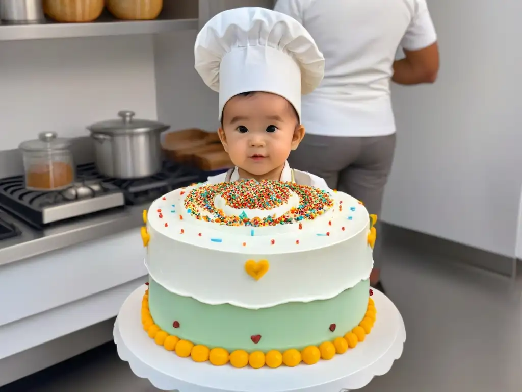 Un niño decorando una tarta colorida en una cocina moderna, expresando alegría y creatividad