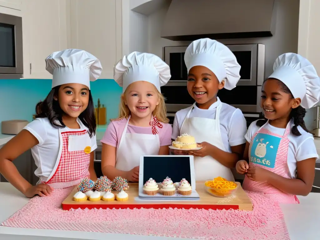 Niños en cocina de Realidad Aumentada con ingredientes y herramientas de repostería coloridos