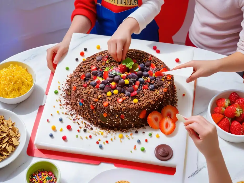 Niños preparando snacks dulces para fiestas de pijamas en encimera blanca