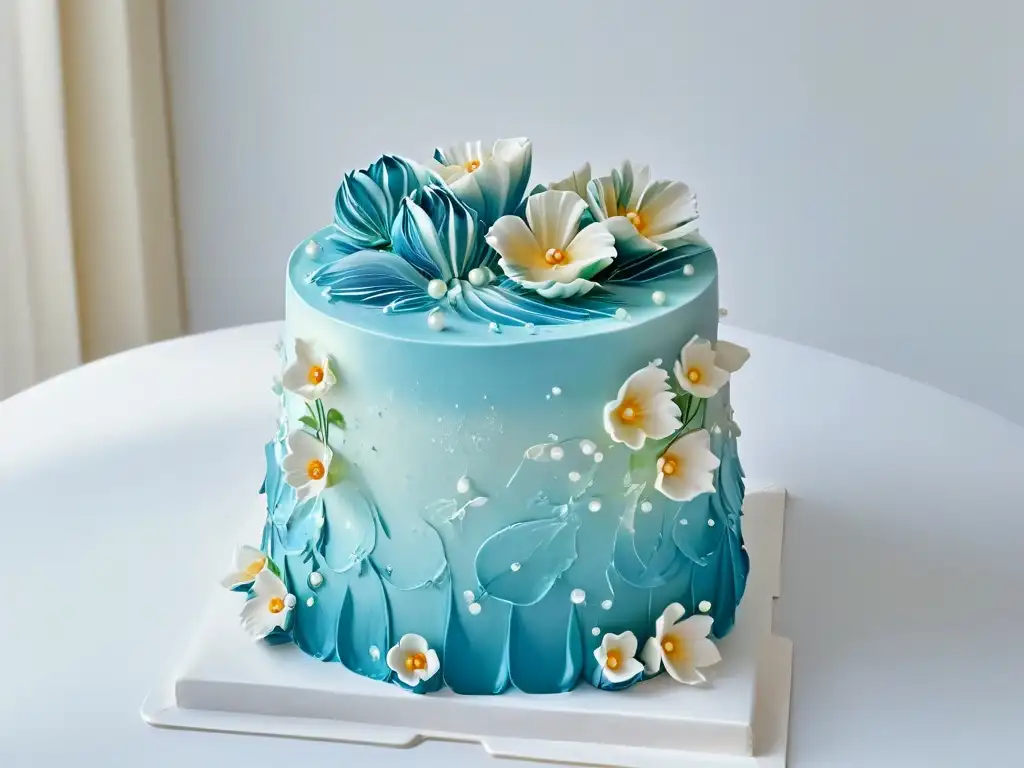 Obra maestra en fondant: pastel de tres pisos con encajes y flores Tres niveles de pastel fondant con diseños intrincados en colores pastel