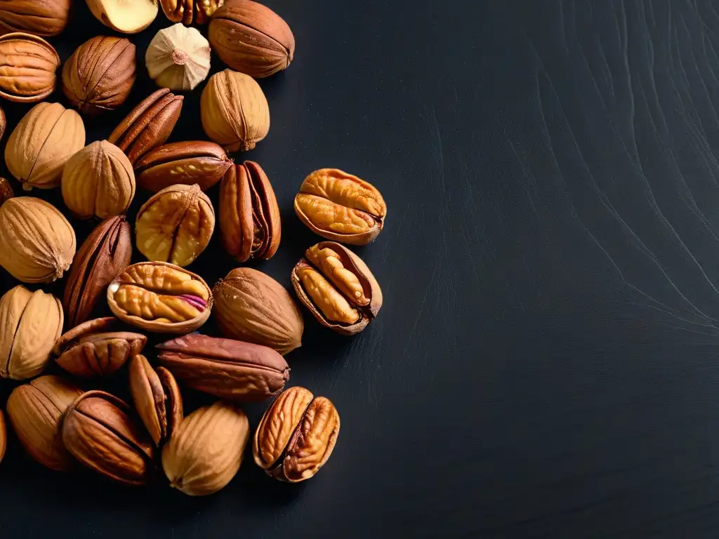Nueces activadas beneficios repostería: Detalle exquisito de nueces abiertas sobre superficie negra brillante